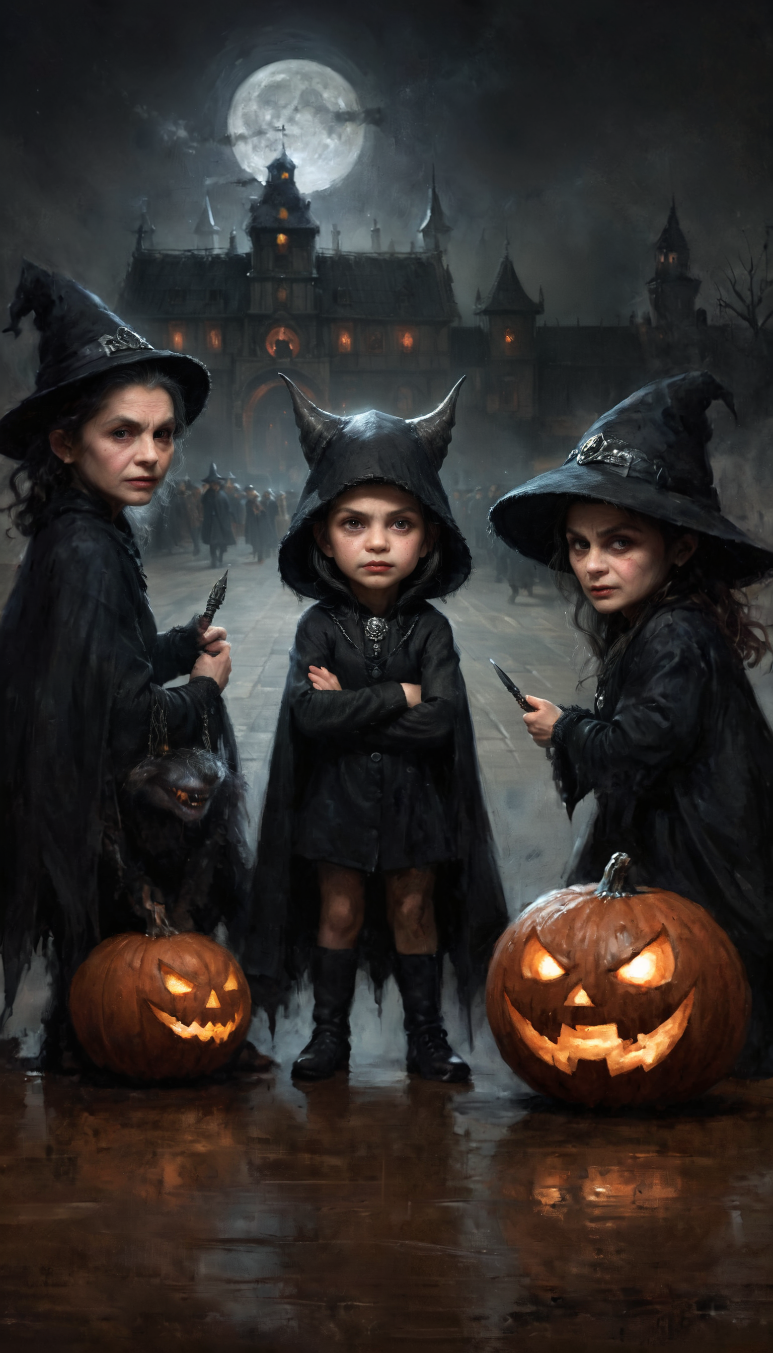 This digital illustration captures the essence of Halloween, ,closeup Meeting of cute terrible creepy monsters in a spooky night, a witch, a werewolf and a vampire dance around a halloween fire  ,closeup of a cute terrible creepy monsters, spooky night, witch, werewolf, vampire  ,non-representational, colors and shapes, expression of feelings, imaginative, highly detailed  . Mixture of watercolors and ink drawing style of Casey Baugh, an award-winning painting  (in the style of Simon Bisley),