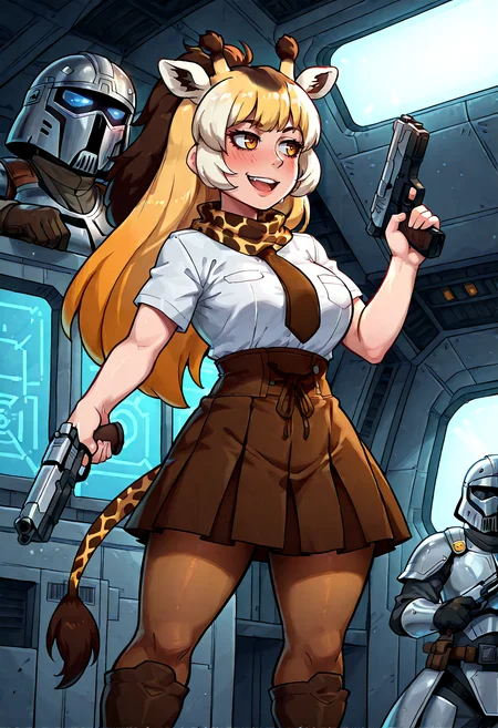 IllustriousQual, <lora:StS-Illustrious-Detail-Slider-v1.0:2> <lora:cfg_scale_boost:0.3> <lora:StS_Age_Slider_Illustrious_v1:3>,detailed_background,indoors,blonde hair,blush,giraffe ears,star wars: attack of the clones,1girl,gun,long hair,reticulated giraffe \(kemono friends\),short sleeves,brown eyes,handgun,giraffe tail,holding weapon,animal print,andrew griffith,giraffe girl,1boy,gradient sleeves,pantyhose,dual wielding,white hair,helmet,pointing,print scarf,brown necktie,open mouth,necktie,slave i,pleated skirt,animal ears,brown hair,star wars,giraffe print,mandalorian,boots,mandalorian helmet,spacecraft,horns,weapon,holding,skirt,solo,sidelocks,smile,science fiction,giraffe horns,high-waist skirt,holding gun,mandalorian armor