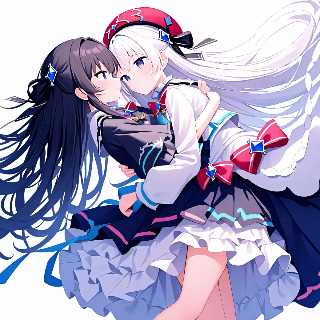 2girls,simple background,white background,hug,looking at another,
BREAK tairitsu,<lora:tairitsu-000016:0.9>,1girl,black skirt,black hair,no hat,
BREAK <lora:xikali>,xikali,1girl,white hair,hat,white dress,, masterpiece, best quality, very aesthetic, absurdres,newest, incredibly absurdres,
