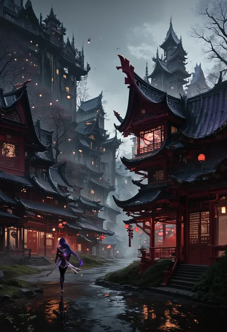 score_9, score_8_up, score_7_up, 1girl, outdoors, from behind, running, looking back, (raiden_shogun, genshin_impact, purple_hair, purple_eyes), japanese town, embedding:c4stl3