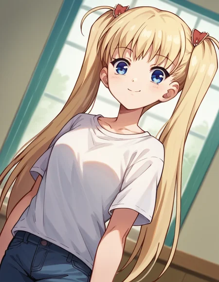 score_9, score_8_up, score_7_up, source_anime, <lora:airi-akizuki-ponyxl-lora-nochekaiser:1>, airi akizuki, long hair, blue eyes, blonde hair, twintails,, shirt, white shirt, pants, denim,, indoors, smile, looking at viewer, solo,, cowboy shot, dutch angle