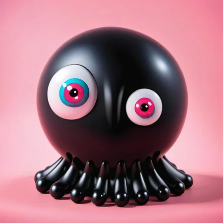 pitch black goo ball with two eyes, realistic cartoon