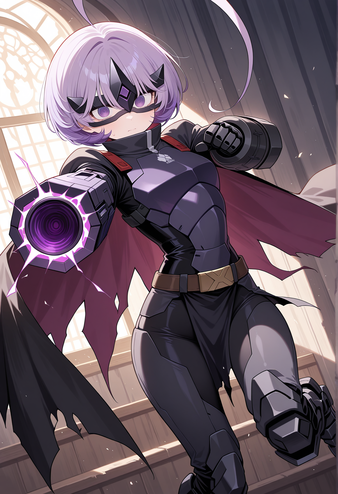 1girl, short hair, huge ahoge, @_@, armored bodysuit, black cape, purple eyes, purple hair, gloves, black mechanical gauntlets, black eye mask, belt, loincloth, armored boots, indoors, arm cannon, aiming at viewer, firing <lora:Bronco_Mask_Trash:1>   looking at viewer, masterpiece, best quality, amazing quality, very aesthetic, absurdres, highres, newest