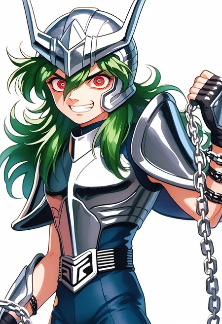 score_9, score_8_up, score_7_up, ohr_cn, traditional media, watercolor (medium), FMIXF, andromeshun, andrshunv1, 1boy, slender figure, black pauldrons, black two pronged helmet, long wavy green hair, red eyes, black armor, black vambraces, fingerless black gloves, black thighhigh greaves, dark blue pants, black belt, black boots, chains, shiny armor, crazy eyes, grin, teeth, holding chain, gradient background