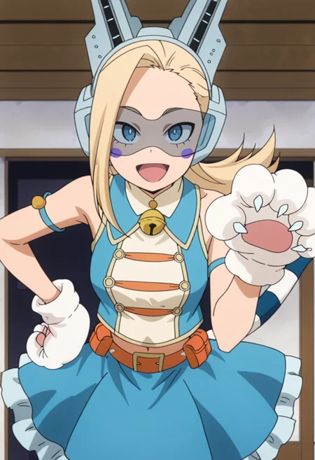 absurdres, masterpiece, best quality, very aesthetic, 1girl, p1x13, blonde hair, long hair, blue eyes, herooutfit, crop top, collared shirt, bare shoulders, bell, armband, headgear, head mounted display, blue skirt, frilled skirt, cat tail, blush stickers, paw gloves, looking at viewer, indoors, open mouth, smile, paw pose, hand on hip, leaning forward, anime screencap, solo, upper body, <lora:Pixie_Bob-My_Hero_Academia-ilibibu-IL-v1:1>