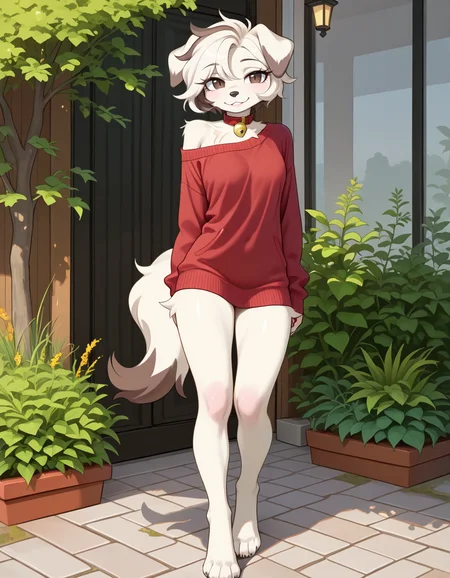 masterpiece, best quality, very aesthetic, absurdres,
outdoors, casual,
full body, standing, posing,
seductive smile, parted lips, long eyelashes,
<lora:Infi_v01_NAIXL:1>,
1nf1,1girl,solo,furry,furry female,dog girl,dog ears,short hair,white hair,brown eyes,snout,animal nose,collar,neck bell,body fur,white fur,dog tail,