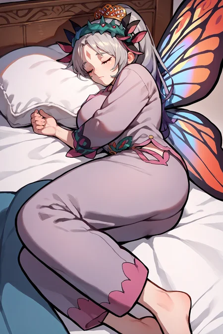 score_9, score_8_up, score_7_up, score_6_up, source_anime, 1girl, solo,  <lora:feplumeria-pdxl-nvwls-v1-000005:1> defPlu, grey hair, ponytail, red eyes, forehead mark, hairband, tiara, butterfly wings, large breasts, grey pajamas, pajama pants, closed eyes, sleeping, lying on side, bed