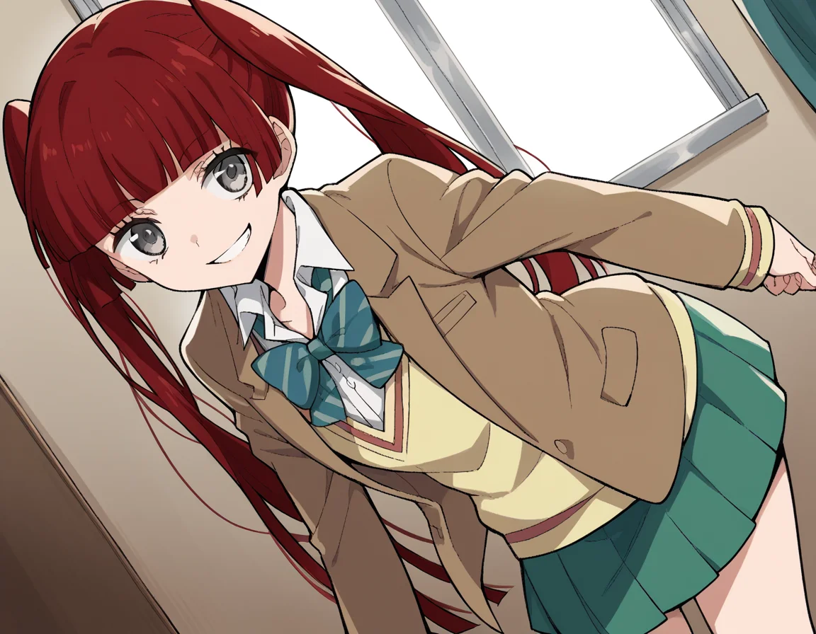 score_9, score_8_up, score_7_up, source_anime, <lora:n-arisugawa-oc-ponyxl-lora-nochekaiser:1>, n-arisugawa, long hair, red hair, bangs, blunt bangs, hime cut, grey eyes,, twintails, skirt, long sleeves, school uniform, jacket, miniskirt, green skirt, blazer, brown blazer, sweater vest, yellow sweater vest, bowtie, green bowtie, striped bowtie, collared shirt,, indoors, bent over, smile, smug, looking at viewer, solo,, cowboy shot, dutch angle