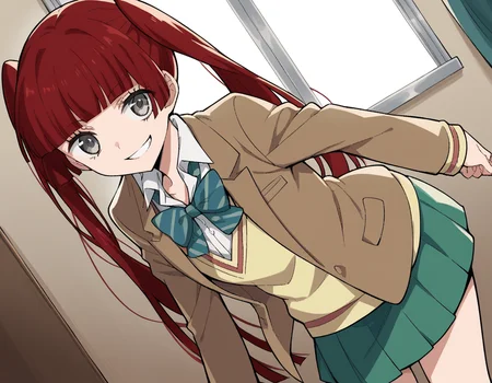 score_9, score_8_up, score_7_up, source_anime, <lora:n-arisugawa-oc-ponyxl-lora-nochekaiser:1>, n-arisugawa, long hair, red hair, bangs, blunt bangs, hime cut, grey eyes,, twintails, skirt, long sleeves, school uniform, jacket, miniskirt, green skirt, blazer, brown blazer, sweater vest, yellow sweater vest, bowtie, green bowtie, striped bowtie, collared shirt,, indoors, bent over, smile, smug, looking at viewer, solo,, cowboy shot, dutch angle