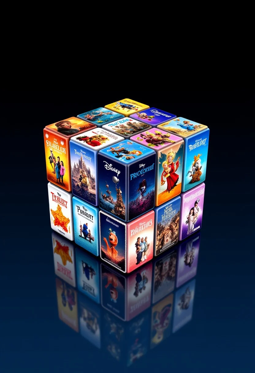 M1CR0CUB3D. The image is a digital illustration of a 3D cube composed of 16 smaller, vibrant, and detailed panels, each showcasing iconic movie posters and artwork from various Disney and Pixar films. The cube, rendered in a sleek, modern style, is depicted against a dark, reflective background that mirrors its surface, enhancing the cube's depth and visual appeal.