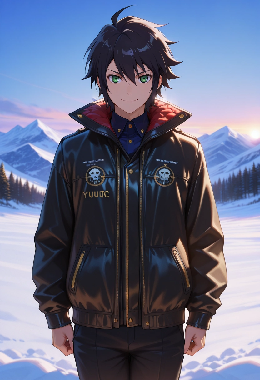 masterpiece, best quality, , (realistic:0.6), looking at viewer, 1boy, solo, male focus, <lora:yuuichirou_hyakuya_ilxl:0.94>, yuuichirou_hyakuya, black hair, green eyes, short hair, hair between eyes, ahoge, , straight-on, snowy mountain, light, legs together, smile, gangster costume