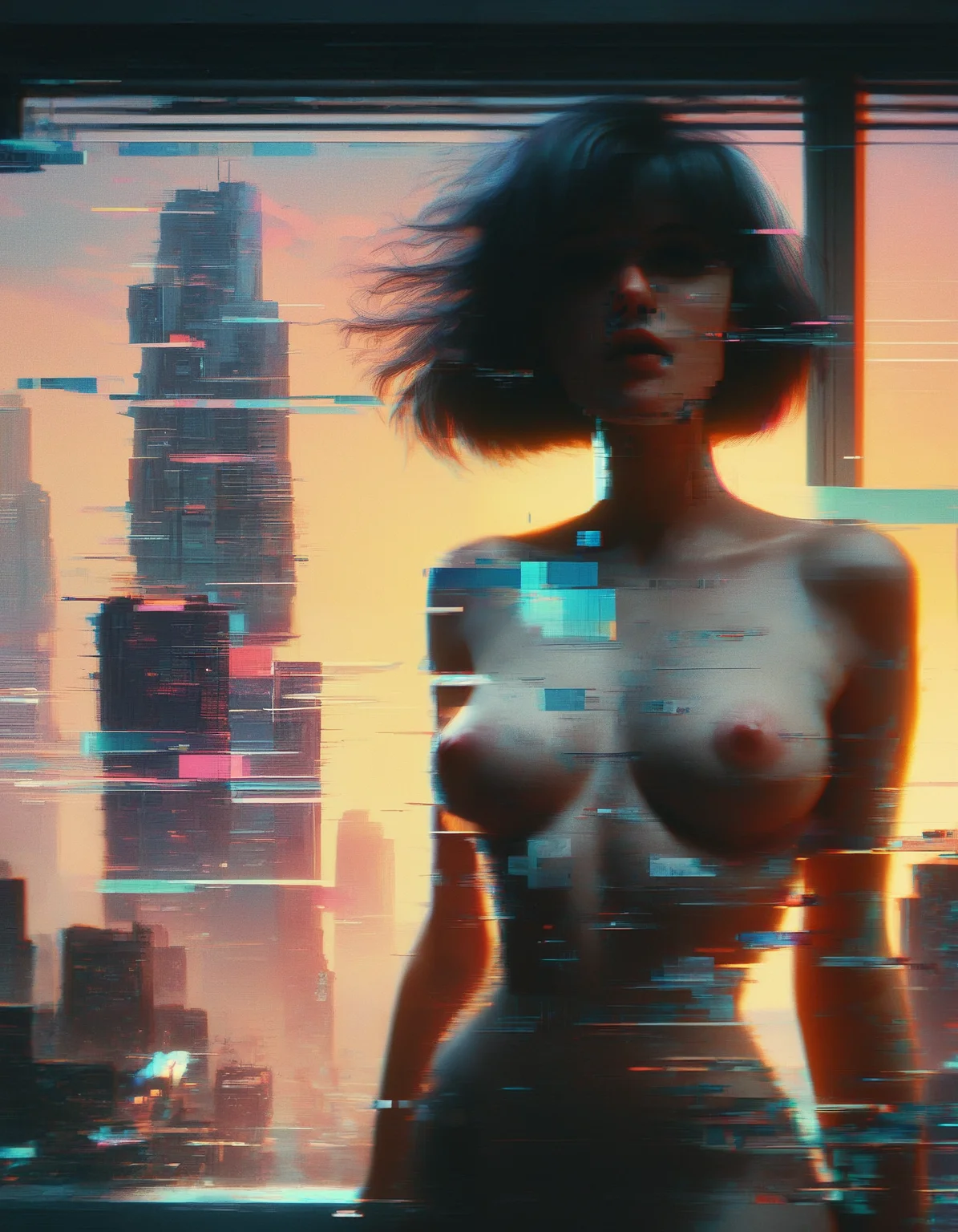 score_9_up, score_8_up, score_7_up, score_6_up, glitch artwork, retro anime style, 1girl, mature, shorter black hair, pretty face, slender body, medium breasts, pink nipples, standing at the window, sci-fi city, gigantic futuristic buildings, sunset sky, chromatic aberration, heavy film grain