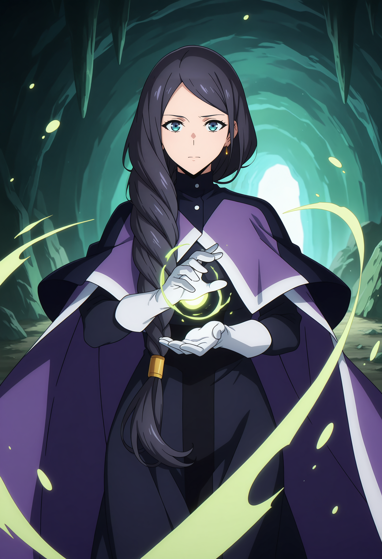 anime screencap, masterpiece, best quality,
<lora:SoloLeveling_HanSemi_IlluXL:0.9>,
1girl, solo, closed mouth,
long hair, single braid, hair over shoulder, parted bangs, black hair, blue eyes, earrings,
HanSemi, multicolored cape, purple cape, turtleneck, black dress, buttons, white gloves,
casting spell, floating hair, floating cape, magic, healing,
green theme,
standing, looking at the viewer, cowboy shot,
cave, dark