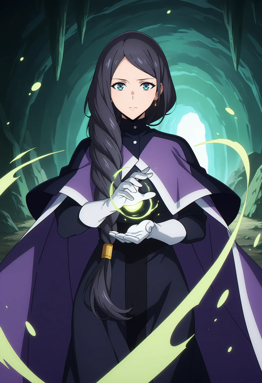 anime screencap, masterpiece, best quality,
<lora:SoloLeveling_HanSemi_IlluXL:0.9>,
1girl, solo, closed mouth,
long hair, single braid, hair over shoulder, parted bangs, black hair, blue eyes, earrings,
HanSemi, multicolored cape, purple cape, turtleneck, black dress, buttons, white gloves,
casting spell, floating hair, floating cape, magic, healing,
green theme,
standing, looking at the viewer, cowboy shot,
cave, dark