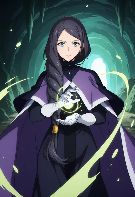 anime screencap, masterpiece, best quality,
<lora:SoloLeveling_HanSemi_IlluXL:0.9>,
1girl, solo, closed mouth,
long hair, single braid, hair over shoulder, parted bangs, black hair, blue eyes, earrings,
HanSemi, multicolored cape, purple cape, turtleneck, black dress, buttons, white gloves,
casting spell, floating hair, floating cape, magic, healing,
green theme,
standing, looking at the viewer, cowboy shot,
cave, dark