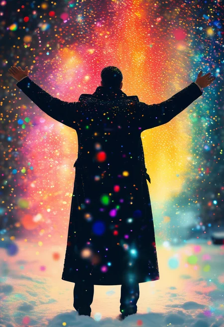 A man in a black coat, back view, arms raised, standing in the snow, radiating colorful sparkles<lora:EMS-379413-EMS:1.000000>