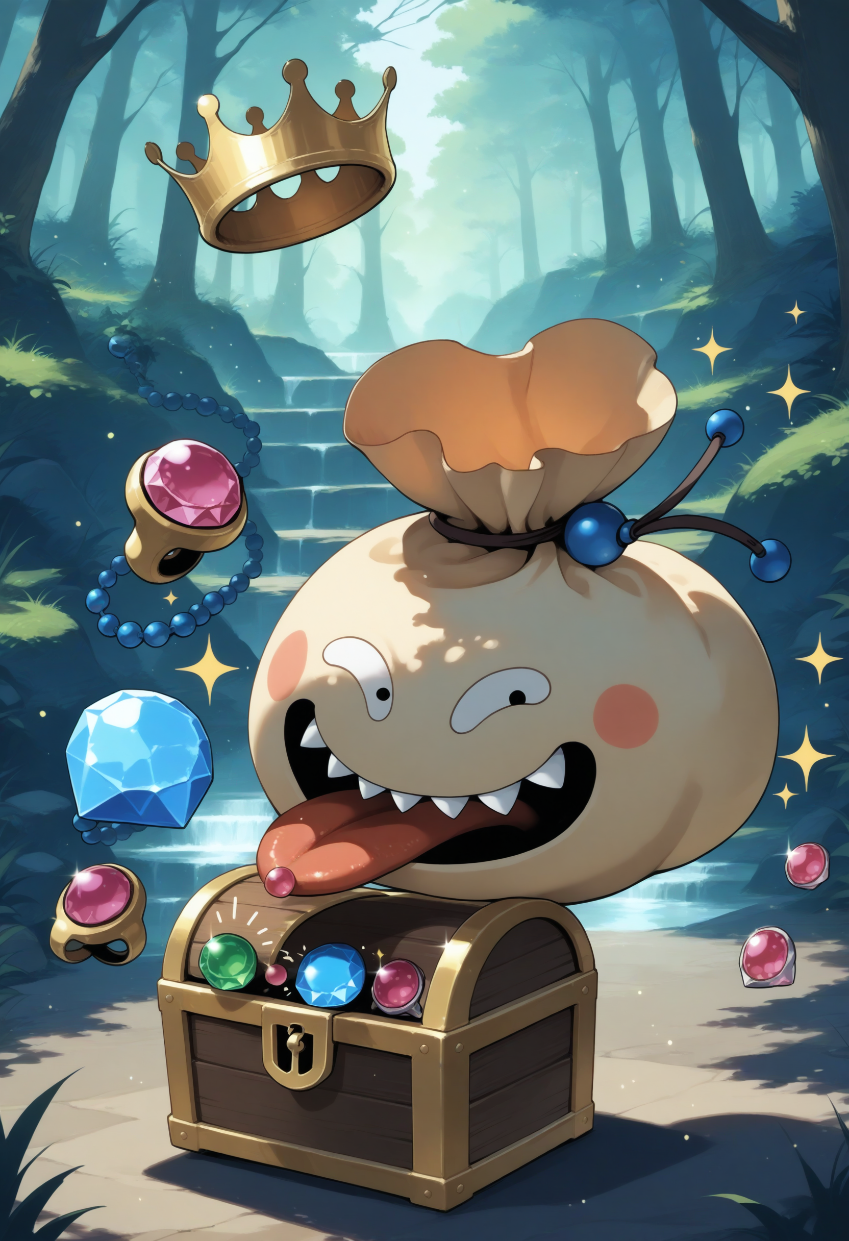 masterpiece,extreme detailed,outdoors,dungeon BREAK no humans,no_legs,full body,
BREAK goodybag_(dq),crown,no humans,gem,necklace,sharp teeth,open_eyes,tongue,<lora:goodybag_(dq)-NAI:1>,treasure chest,jumping,smile,+++,