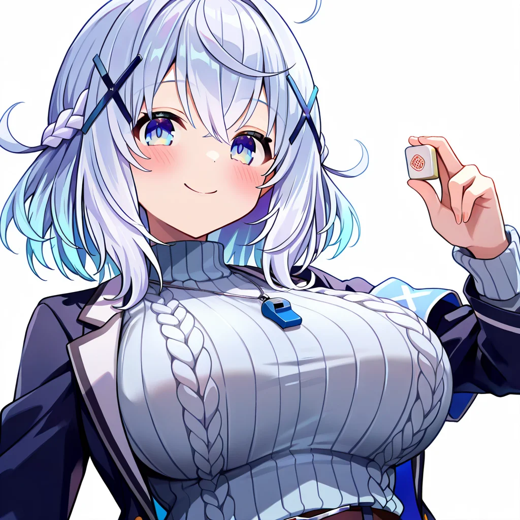 1girl,blue eyes,mahjong,breasts,solo,mahjong tile,hair ornament,large breasts,virtual youtuber,blue hair,looking at viewer,x hair ornament,ahoge,jacket,upper body,sweater,white hair,armband,smile,holding,necklace,bangs,light blue hair,blush,whistle,jewelry,white background,braid,ribbed sweater,<lora:senMFGIL:1>,sen \(mfg\),