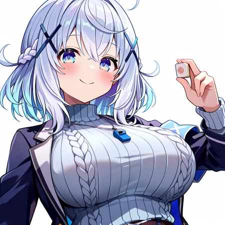 1girl,blue eyes,mahjong,breasts,solo,mahjong tile,hair ornament,large breasts,virtual youtuber,blue hair,looking at viewer,x hair ornament,ahoge,jacket,upper body,sweater,white hair,armband,smile,holding,necklace,bangs,light blue hair,blush,whistle,jewelry,white background,braid,ribbed sweater,<lora:senMFGIL:1>,sen \(mfg\),