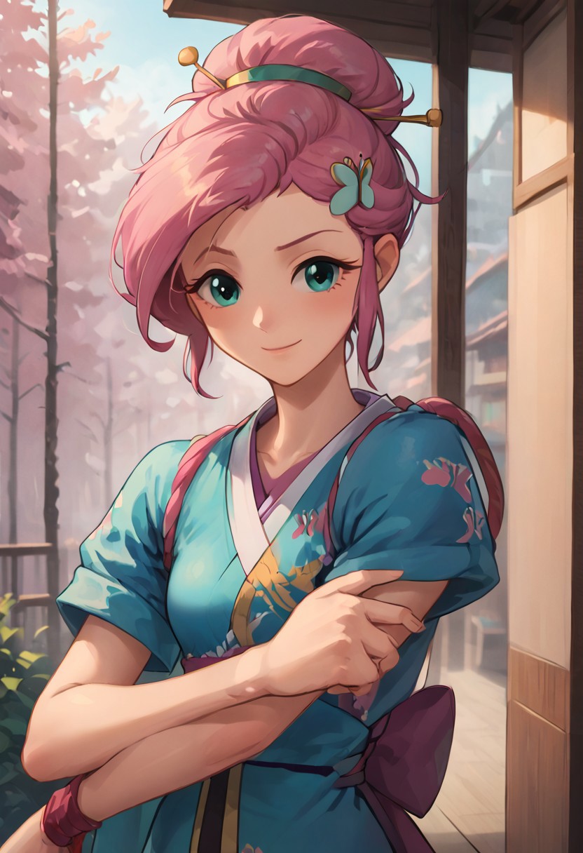 SFW, rating_all, score_10, score_8_up, score_7_up, Equestria girls, (((human))), 1female, (((solo))), (((closeup shot))), (((Fluttershy) cosplaying) as Ayame), short hair, bangs, (pink hair), hair ornament, short sleeves, sidelocks, japanese clothes, kimono, hair bun, (aqua eyes), single hair bun, hair stick, short kimono, sly expression, (((raised eyebrow))), smile, ((lifting arm)), ((holding aqua-colored gem the size of a hand)), detailed, vector, flat colors