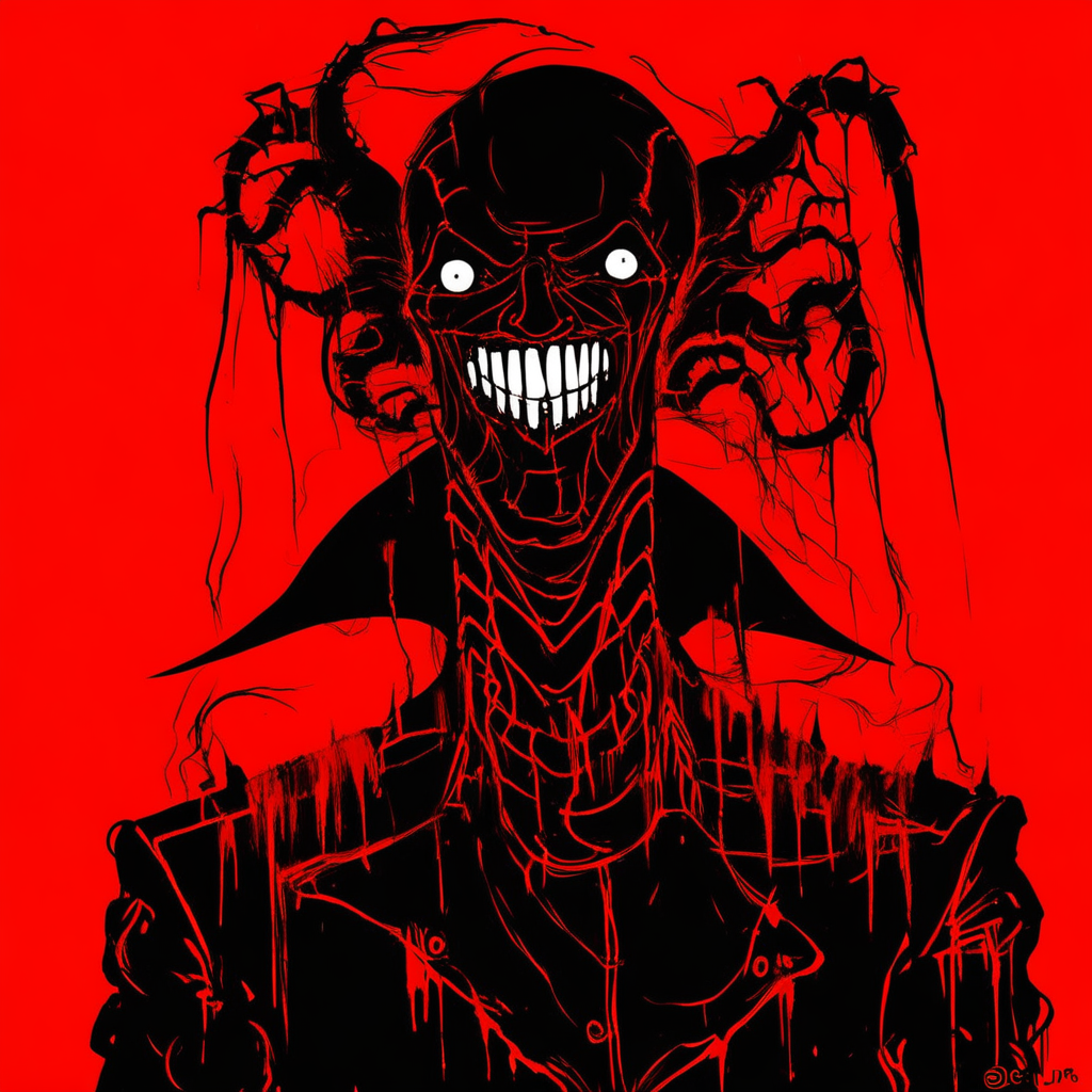 SeruJPG, red background, a man standing with a grin on his face, horror, eldritch,