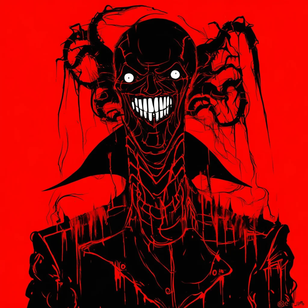 SeruJPG, red background, a man standing with a grin on his face, horror, eldritch,