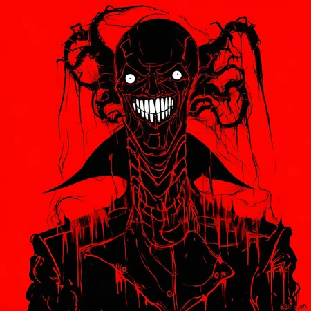 SeruJPG, red background, a man standing with a grin on his face, horror, eldritch,