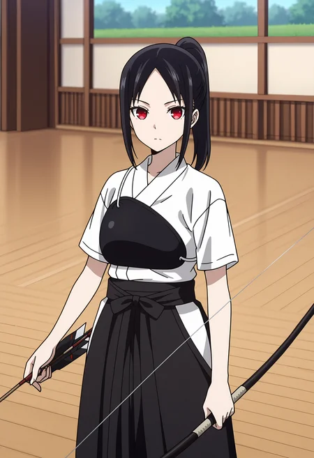 anime screencap, masterpiece, best quality,
<lora:Kaguya-samaWaKokurasetai_ShinomiyaKaguya_IlluXL:0.9>,
1girl, solo, closed mouth, serious,
high ponytail, long ponytail, parted bangs, black hair, red eyes, no pupils,
white kimono, muneate, short sleeves, yugake, black hakama,
holding bow \(weapon\), yumi \(bow\),
standing, looking at viewer, cowboy shot,
outdoors, kyuudou, garden, grass, archery dojo, wooden floor, blurry background