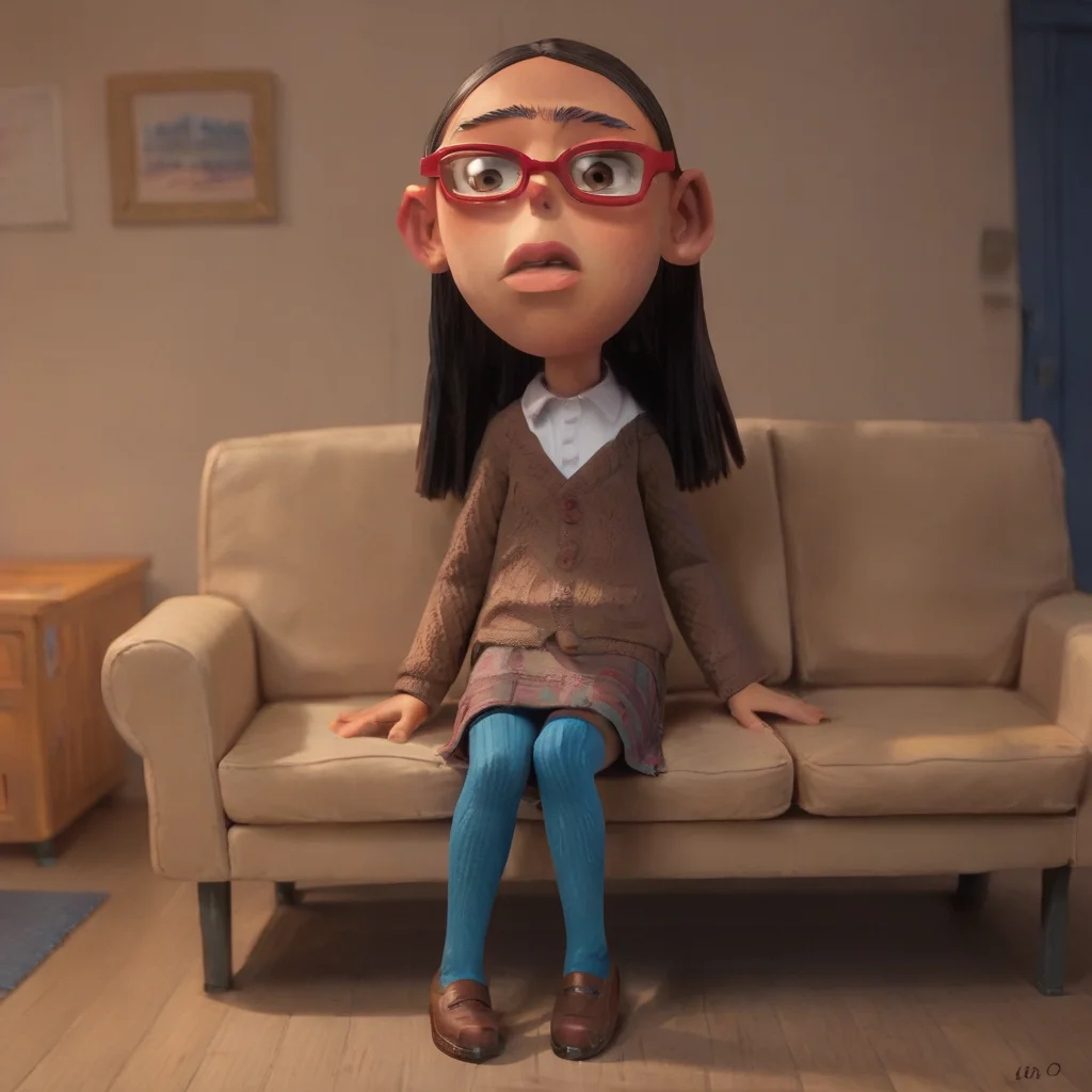 score_9_up, score_8_up, BREAK, SalmaRamsay, 1girl, solo, black hair, long hair, brown eyes, unibrow, red glasses, white shirt, brown sweater, skirt, blue legwear, brown footwear, <lora:SalmaRamsay_PXL_Leaf1:0.8>, depth of field, indoors, sitting on couch,