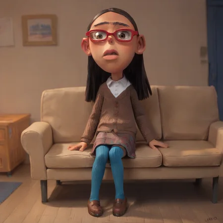score_9_up, score_8_up, BREAK, SalmaRamsay, 1girl, solo, black hair, long hair, brown eyes, unibrow, red glasses, white shirt, brown sweater, skirt, blue legwear, brown footwear, <lora:SalmaRamsay_PXL_Leaf1:0.8>, depth of field, indoors, sitting on couch,