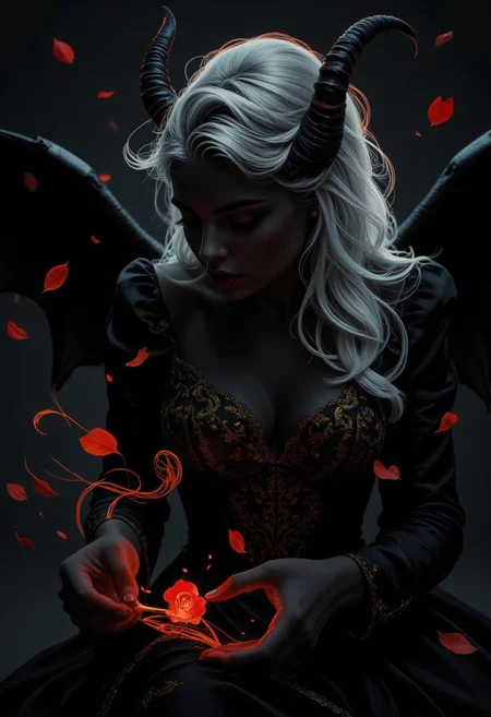 Magic style, FFS style face, detailed skin, BNR style
Close-up portrait,masterpiece hyper realistic closeup portrait, dutch angle side view, looking down, of a female demon entirely black skin and with long silver-white hair. She has long curved black demon-like horns and huge black demon wings. She wears a black victorian dress intricatly detailed with gold patterns. floating ember, swirling rose petals