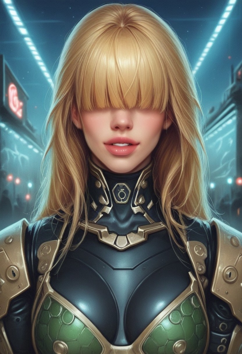 1girl, ((front view))), looking at viewer, highly detailed, from front, 1girl, skinny, looking at viewer, masterpiece, best quality,
raw, extremely detailed, hyperrealism, photo, perfect anatomy, <lora:grewishka_alita_pxl:1> source_photo, source_real, robot, cyborg, android, solo, looking at viewer, 1girl, full body, ((special force camo armor)), high heels, neon_lights, dynamic pose, pistols in hands
BREAK
fang smile, looking at viewer, long hair, ((blonde highlighting hair)), (((hair over eyes, front bangs))), long hair, dynamic pose
best quality, depth of field, bokeh, (((full clothed))), ((special force camo armor)),
BREAK
((((big futuristic gun in hands)))), (big futuristic pistol in hands:1.3), sc-fi soldier, dynamic pose, military camo armor
(((((rooftop, night city, neon lights))))) score_9, score_8_up, score_7_up, score_6_up, source_cartoon, rating_explicit, Expressiveh, (((((upper body))))), dynamic pose