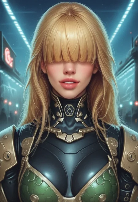 1girl, ((front view))), looking at viewer, highly detailed, from front, 1girl, skinny, looking at viewer, masterpiece, best quality,
raw, extremely detailed, hyperrealism, photo, perfect anatomy, <lora:grewishka_alita_pxl:1> source_photo, source_real, robot, cyborg, android, solo, looking at viewer, 1girl, full body, ((special force camo armor)), high heels, neon_lights, dynamic pose, pistols in hands
BREAK
fang smile, looking at viewer, long hair, ((blonde highlighting hair)), (((hair over eyes, front bangs))), long hair, dynamic pose
best quality, depth of field, bokeh, (((full clothed))), ((special force camo armor)),
BREAK
((((big futuristic gun in hands)))), (big futuristic pistol in hands:1.3), sc-fi soldier, dynamic pose, military camo armor
(((((rooftop, night city, neon lights))))) score_9, score_8_up, score_7_up, score_6_up, source_cartoon, rating_explicit, Expressiveh, (((((upper body))))), dynamic pose