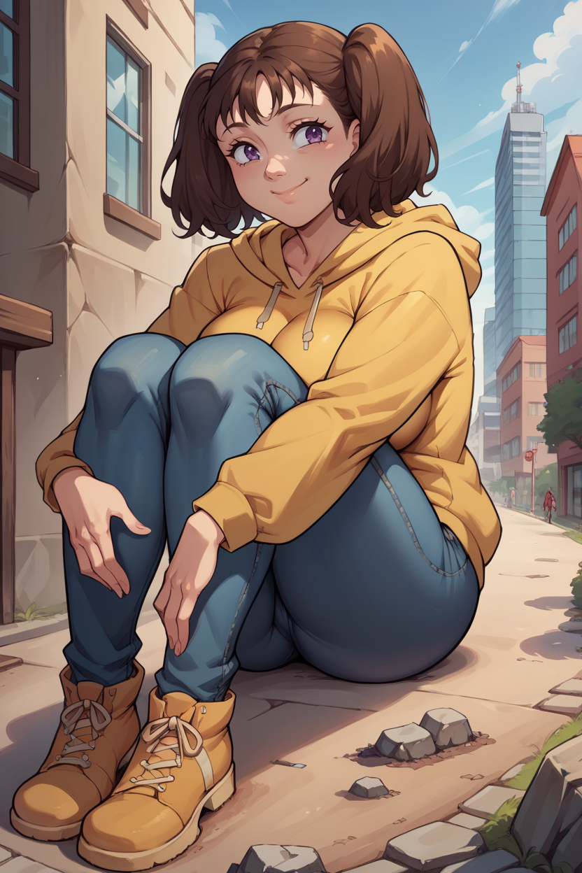 score_9, score_8_up, score_7_up, score_6_up, source_anime BREAK 1girl, <lora:sdsdiane-pdxl-nvwls-v1-000006:1> sdsDiane, brown hair, short twintails, yellow hoodie, blue jeans, sitting, large breasts, happy, closed mouth, knees, hugging own knees, on ground, giantess, city