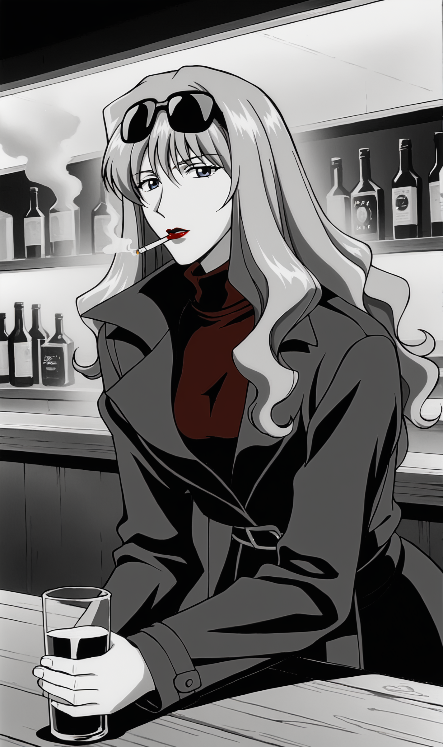 Julia, 1girl, solo, retro artstyle, blonde, long hair, blue eyes, lipstick, standing, trenchcoat, red turtleneck sweater, sunglasses on head, smoking, noir, greyscale, monochrome, bar, leaning forward, drink in hand, <lora:Julia Pony XL:0.7>