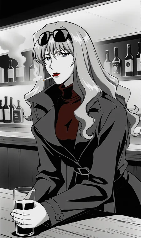 Julia, 1girl, solo, retro artstyle, blonde, long hair, blue eyes, lipstick, standing, trenchcoat, red turtleneck sweater, sunglasses on head, smoking, noir, greyscale, monochrome, bar, leaning forward, drink in hand, <lora:Julia Pony XL:0.7>