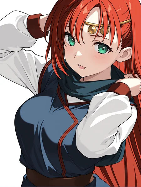 masterpiece,best quality,newest,1girl,solo,
<lora:elenoa_ilxl_v3.1:1>,elenoa,red hair,very long hair,green eyes,e_circlet,e_02clothes,long_sleeves,white sleeves,blue clothes,
<lora:Fixhands_anime_bdsqlsz_V1:1>,light_blush,white_background,simple background,standing,(face_focus:1.2),looking_at_viewer,smile,:o,dynamic_angle,upper_body,profile,hand_in_hair,