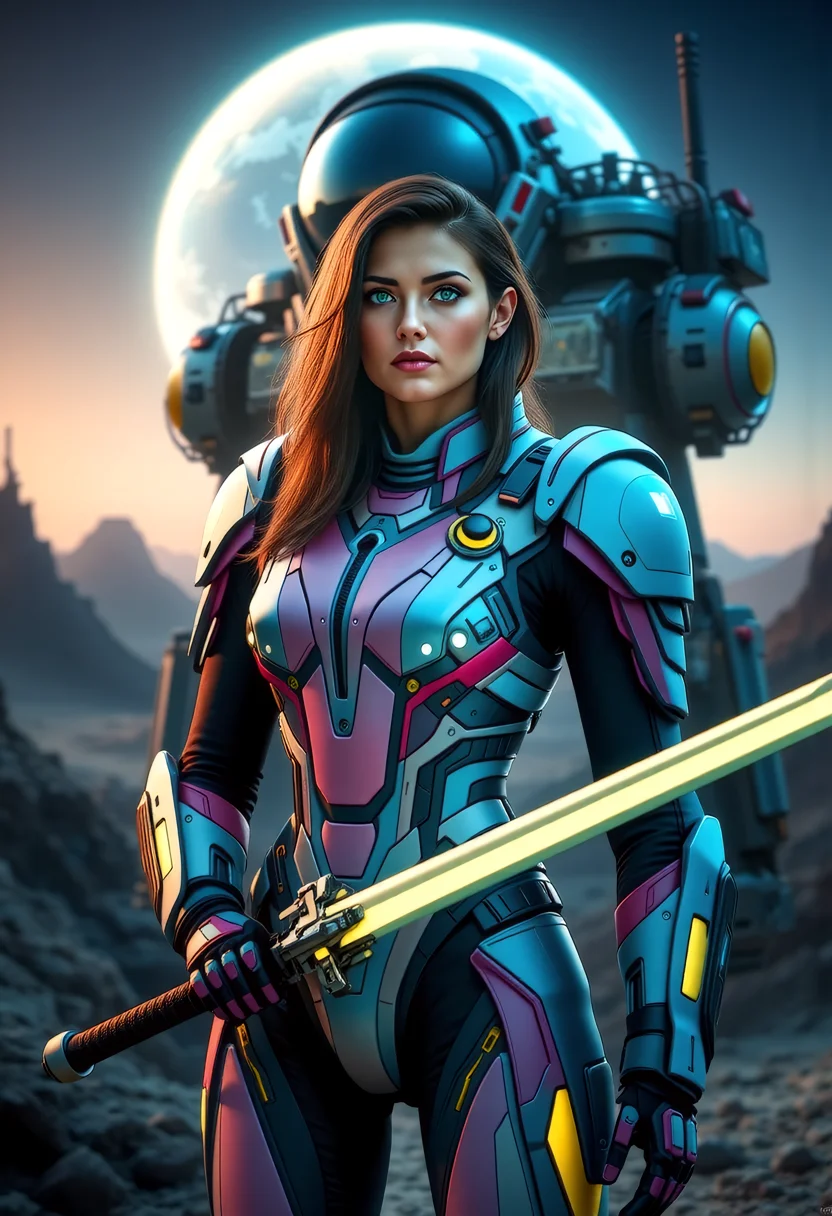 a futuristic lunar colony overlooking Earth, a fierce warrior stands ready for battle. Her medium build, dark hair, and green eyes exude a sense of determination. Dressed in a Synth-Leather satin pink and satin baby blue power armor Tactical Suit with satin yellow highlights, a futuristic bodysuit designed for urban operation. The connects to her cybernetic enhancements. Segmented carbon-fiber panels reinforce her shoulders, chest, and forearms, providing protection without compromising style. She wields a plasma longsword. Behind her a heavy mech with MechArmor, stands tall, its bulkiness a testament to the strength and versatility of the colony. The colony's domes, shimmering above the Earth's glow, provide a breathtaking backdrop, while the grey lunar landscape and mining rigs add a sense of isolation. This scene, with its off-center composition and extreme close-up on Rina's facial details, captures the essence of a futuristic warrior, showing the fusion of technology and the mysteries of the lunar colony. <lora:scifi/fluxPunk_v11:0.8> <lora:scifi/RM MechArmor v0.9M.safetensors:0.7>, <lora:art and styles/MysticFantasy.safetensors:1.0>, <lora:flux/flux_realism_lora.safetensors:1.0>,