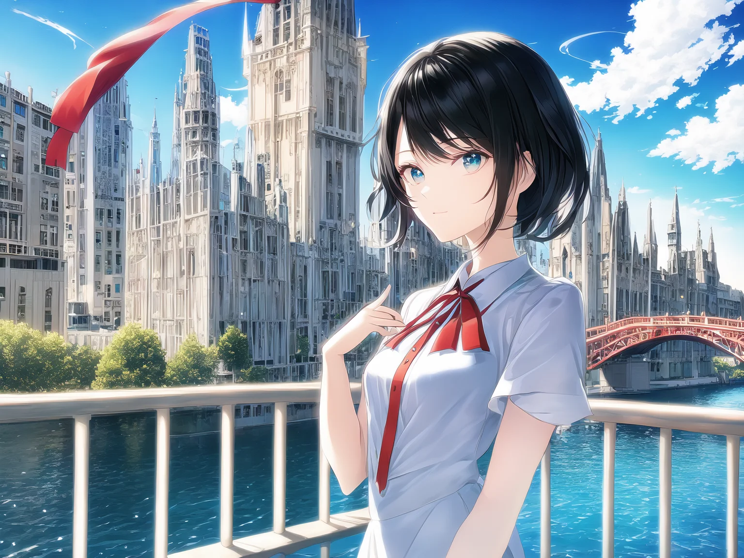 1girl,bangs,black_hair,blue_sky,bridge,building,castle,city,cityscape,cloud,day,dress,looking_at_viewer,outdoors,red_neckwear,red_ribbon,ribbon,river,short_hair,short_sleeves,sky,skyscraper,solo,standing,town,water,.,.,[[hands finger 5 digits]],  <lora:NovelAILora:1>