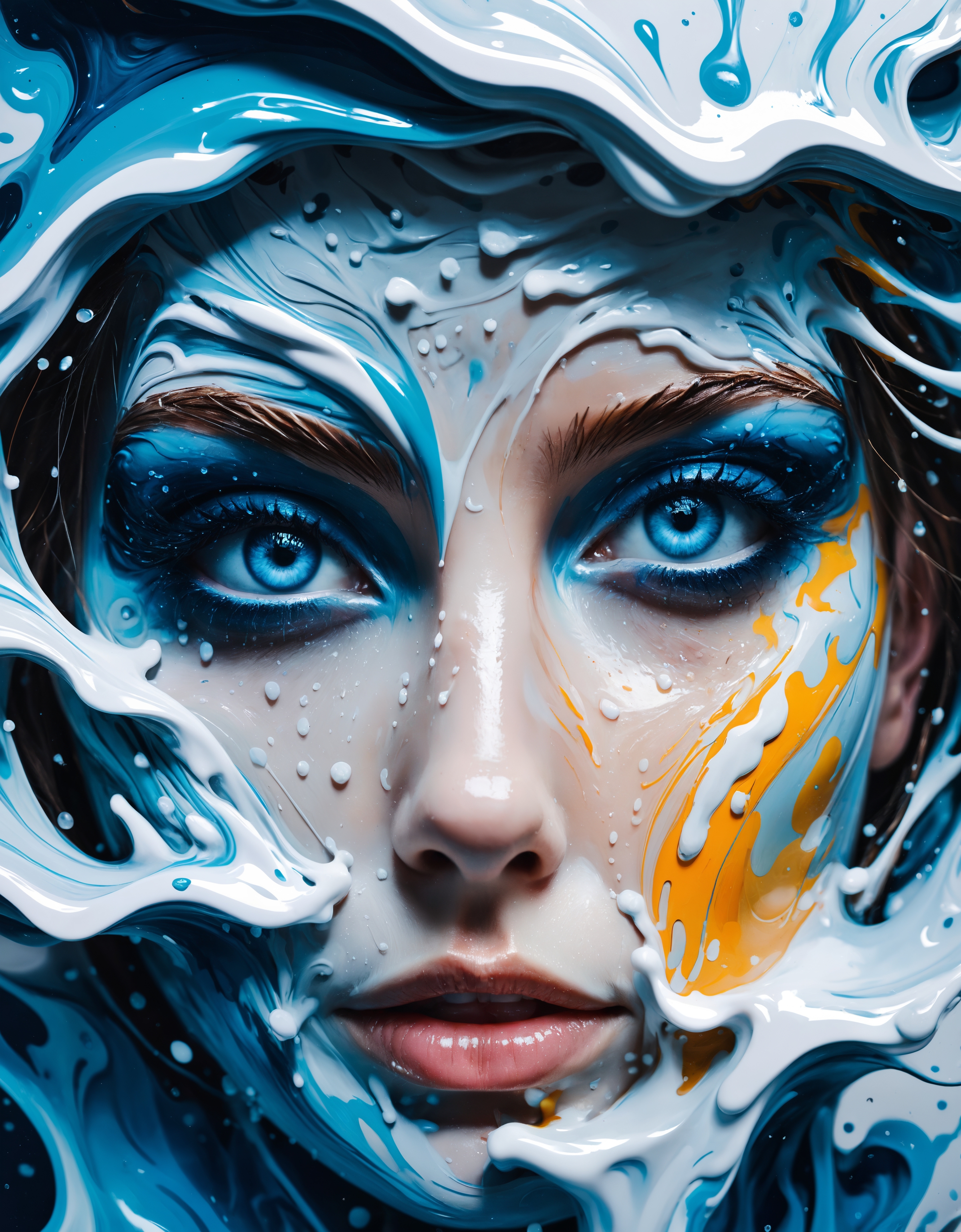 zavy-lqdprtrt, liquid paint, Girl, the Woman is very Eye-catching, Shiny Ice Blue Eyes, Stormy weather, Wildlife photography, tactile textures, minimalist, gender themes, Pop art, Vibrant, fantastic aesthetic, highly intricate, complimentary colors, magical, elegant, complex, magnificent
