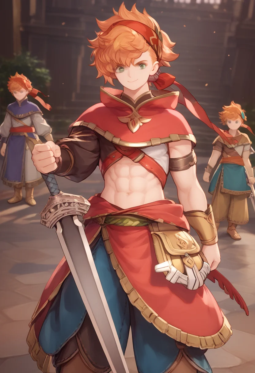 score_9, score_8_up, score_7_up, BREAK realistic, anime style, 1boy, valvom, abs, orange hair, green eyes, clenched fist, smile, holding sword <lora:Val_Visions_of_Mana:1>