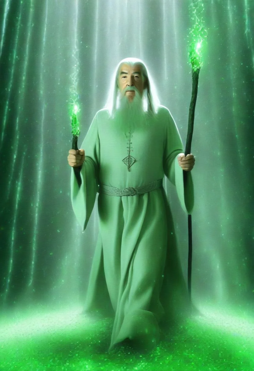 photo of the wizard Gandalf from Lord of the Rings , ((background of little green data_symbols falling down like rain)), ascii-symbols falling down like rain, the matrix, magic realism, from the film matrix, datastream,masterpiece, (best quality:1.2),, ray-tracing, high resolution, UHD, HDR, 64K, octane render, high quality