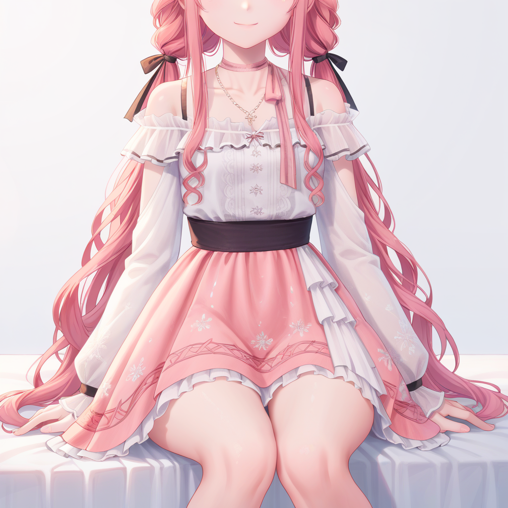 score_9, score_8_up, score_7_up, simple background, looking at viewer, light smile, sitting,
1girl, nikki def, pink hair, low twintails, dress, necklace, bare legs, feet out of frame, 
<lora:nikki_def_pony_v1:0.8>