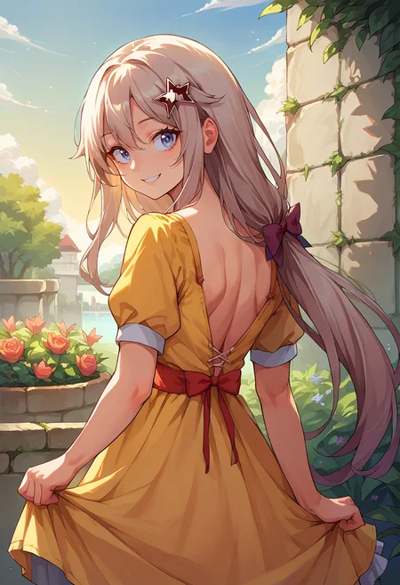 score_9, score_8_up, source_anime, 1girl, solo, 9A91, long hair, star hair ornament, from behind, yellow sundress, garden, day, sunshine, smile, looking back, <lora:Cham9A91PonyXL:1>