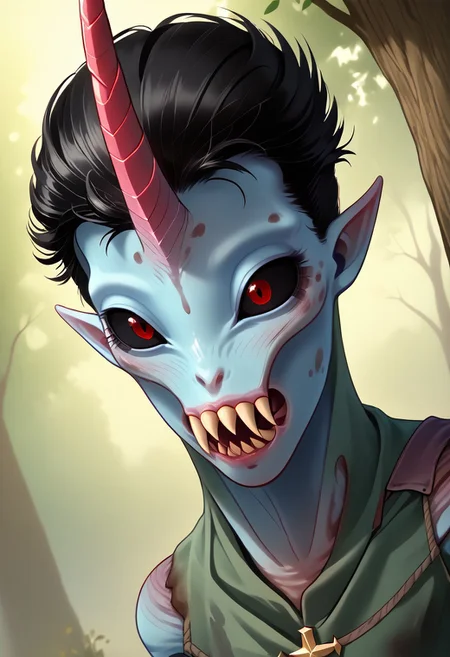 ((Alien humanoid)),
((Alien species)), solo, androgynous, aquatic features
blue skin, ((webbed hands)):1.3,
((No nose)):1.3, ((nostrils only, nostril slits, vertical nasal slits, narrow nostrils)):1.5, ((narrow eyes)), ((black sclera, black irises)), smooth skin, pointy ears, small ears, tiny ears, holes in skin, forehead horn, short horn, veiny horn, ((single horn)):1.0, ((4 fingers)), fingernails, thin lips, ((black hair)), ((short hair, spiky hair)), sharp teeth, digitigrade legs, bent legs,
mid-range shot, upper body focus
ragged clothes, muddy clothes, loincloth, tunic, dirty
Medieval style, fantasy style,
((Variety)):1.2
((dutch angle, 3/4 view))
river background
fully clothed, loose clothing, clean lines, smooth colors, detailed fingers, sfw, source: realistic, rating: pg, score: 8 up, score: 9