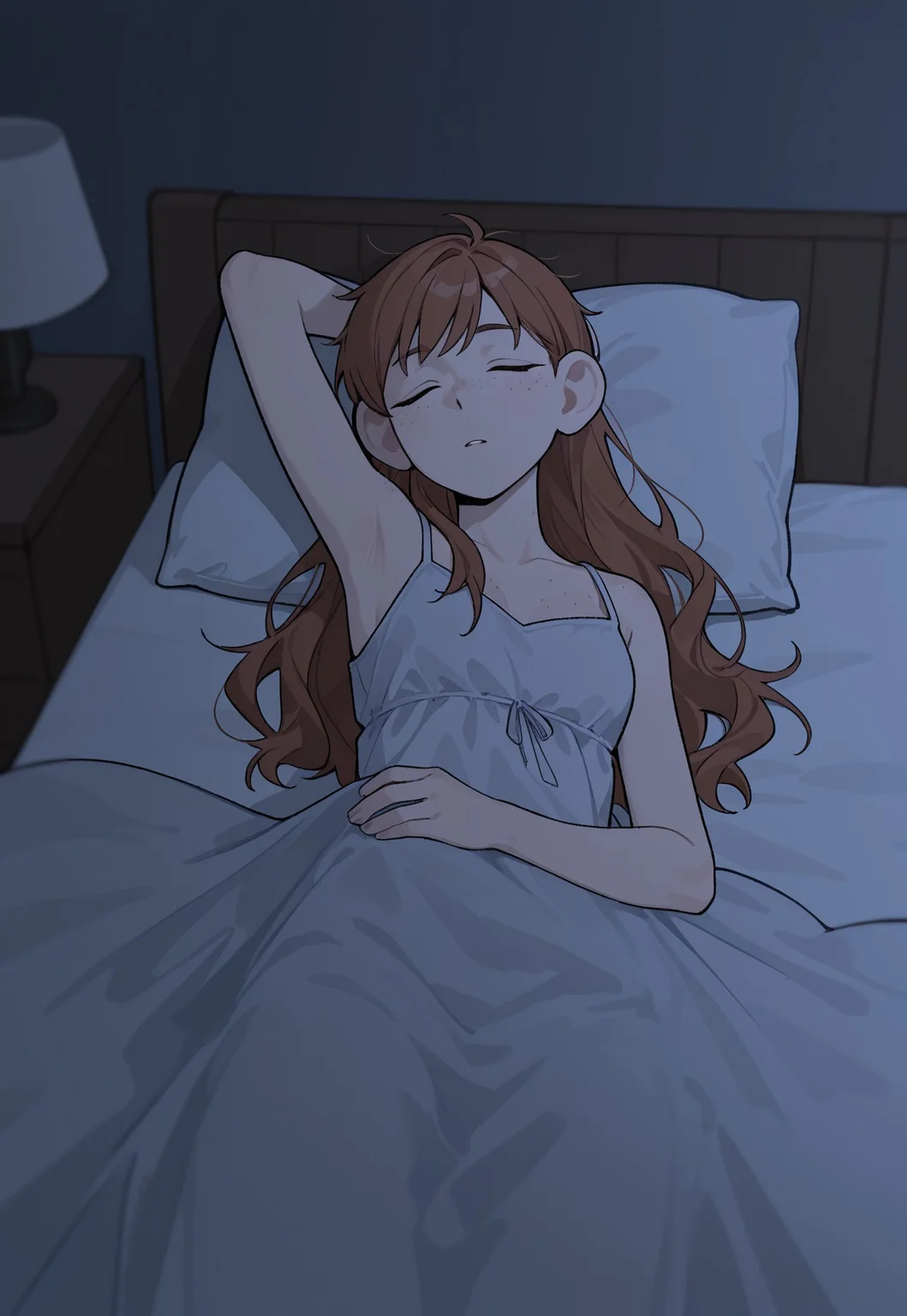 masterpiece, best quality, newest, absurdres, very aesthetic, highres, Dunmeshi_Meijack, 1girl, halfling, brown hair, long hair, closed eyes, body freckles, small breasts, nightgown, arm behind head, sleeping, indoors, bedroom, on bed, night, soft lighting, high contrast, depth of field, night, moonlight, dark, perspective, under covers