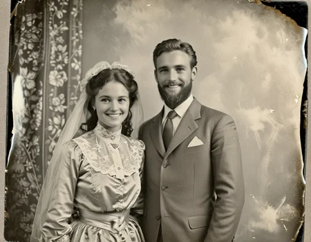 multiple boys, dress, formal, smile, shirt, long sleeves, beard, portrait husband and wife
sepia
vintage