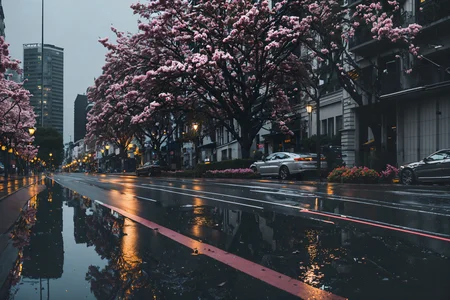a photo of a city street in rain at night, skyscrapers, raindrops, puddles, passing cars, asphalt road, pink sakura blossom trees, falling leaves, high quality, high resolution, very coherent, clear focus, well defined