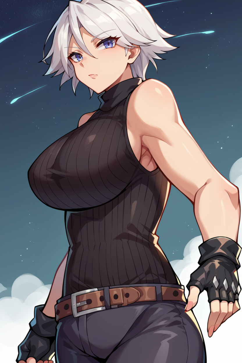 score_9, score_8_up, score_7_up, score_6_up, source_anime, BREAK 1girl <lora:doachristie-pdxl-nvwls-v1-000006:1> doachristie, white hair, black sweater, sleeveless, turtleneck, belt, black pants, black gloves, fingerless gloves, large breasts, expressionless, from side, looking at you, night sky