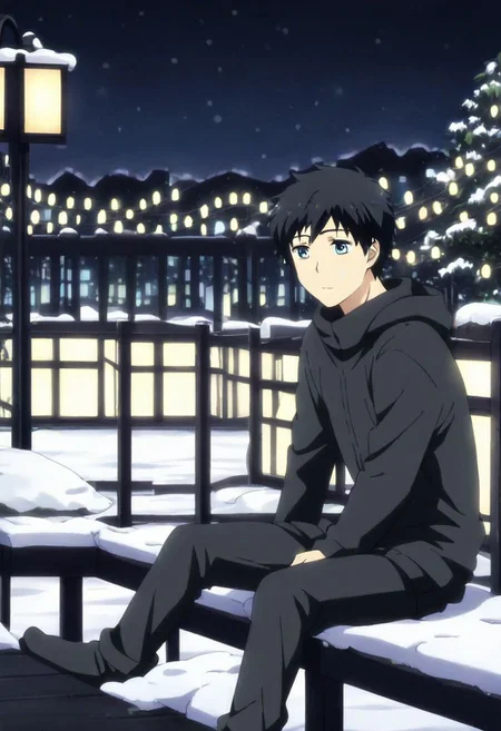 high resolution, solo, best quality, 1Boy, Arata Kaizaki, Black Hair, Blue Eyes, winter, Northern Lights, Stargazing, OverallDetail